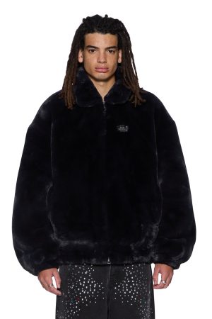 HUSSLE FAUX FUR JACKET BLACK