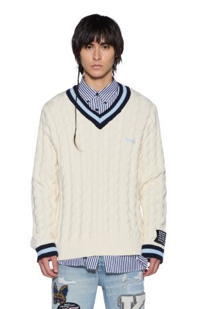 PRINCETON CABLE KNIT V NECK VINTAGE WHITE