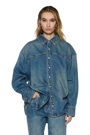 OVERSIZED LS SHIRT TEXAS BLUE STUDDED